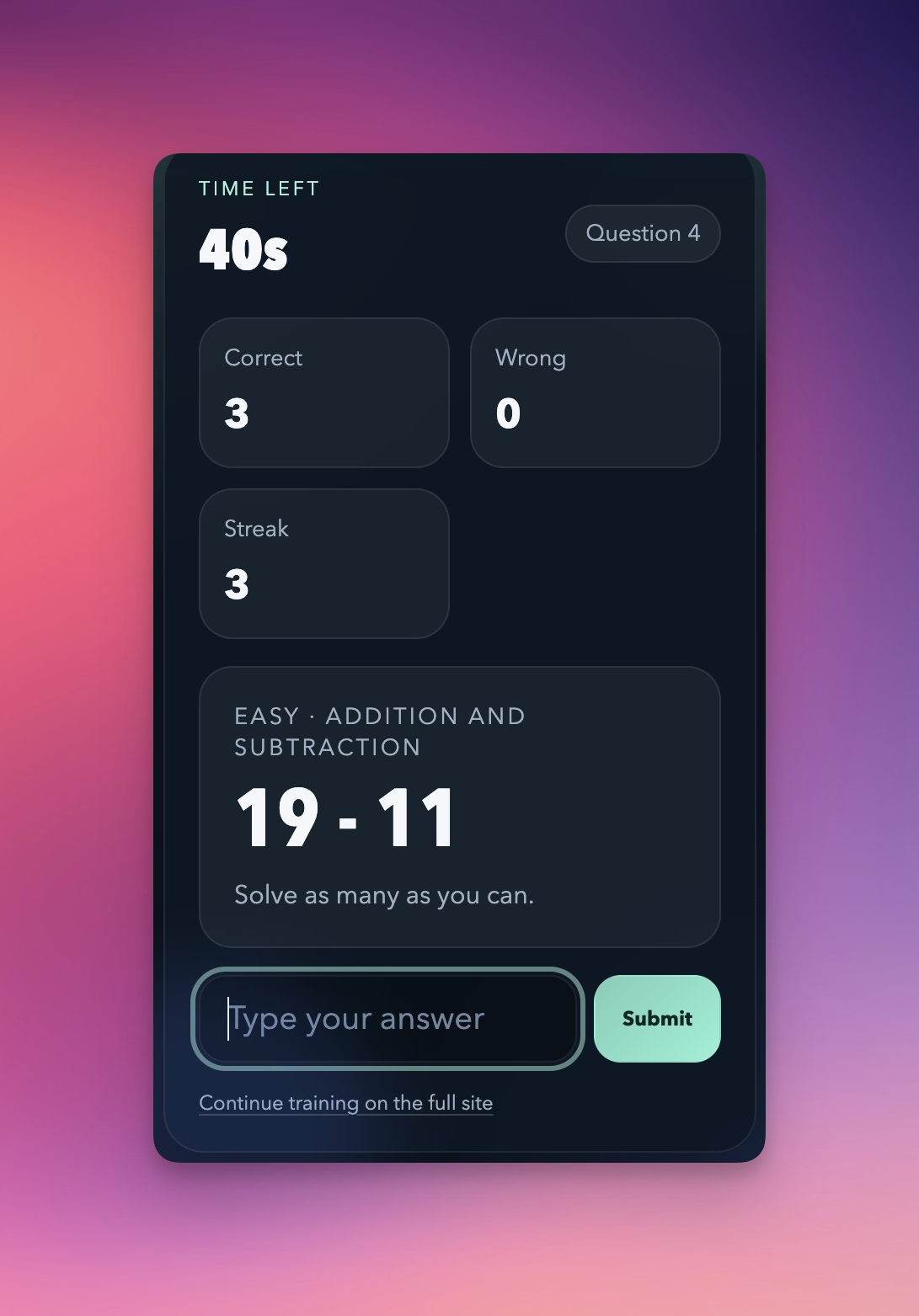 CalcSprint browser extension screenshot showing a dark popup sprint interface with timer, score cards, and a math question.